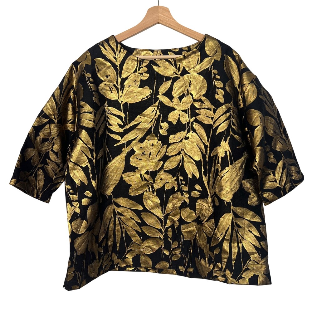Bryn Walker Yael Folie D' Oro Gold Metallic Floral Jacquard Top Black USA Small